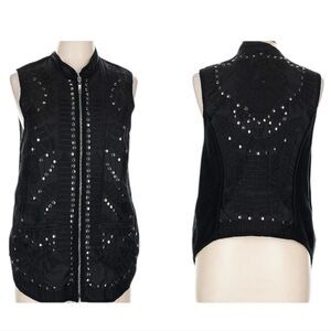 Johnny Was Biya Studded Zip Vest Silver Chain Embroidery Size L Boho Grunge